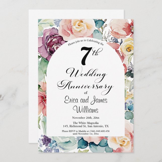 Invitación 7.º Aniversario Boda Elegante Script Floral (Anverso / Reverso)