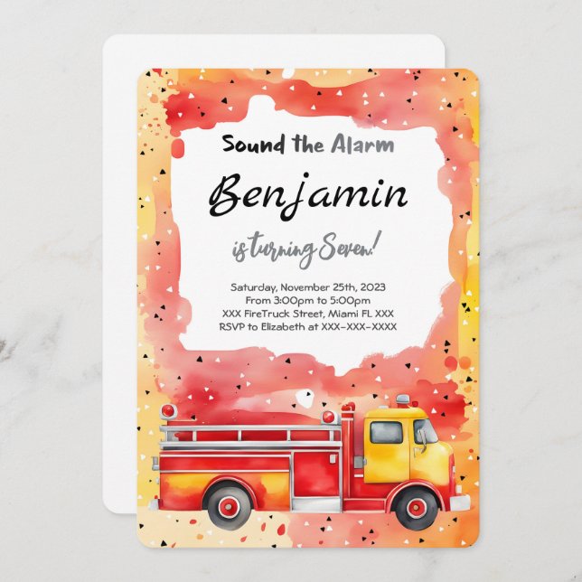 Invitación 7.º Camión de Bomberos de Cumpleaños (Anverso / Reverso)