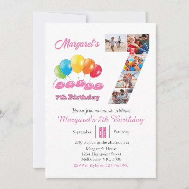 Invitación 7.º Chica del collage de fotos de cumpleaños númer (Anverso)