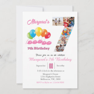Invitación 7.º Chica del collage de fotos de cumpleaños númer