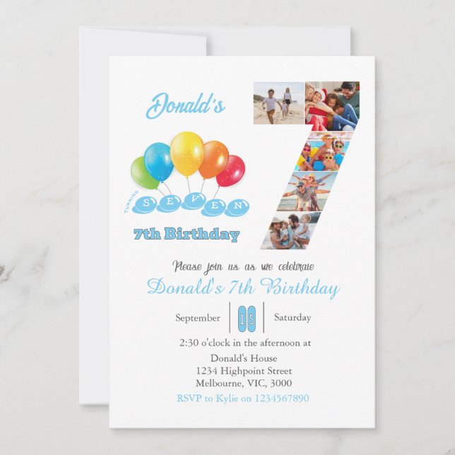 Invitación 7.º collage de fotos de cumpleaños número 7 Boy (Anverso)