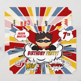 Invitación 7.º Cómic Rojo Superhéroe de la fiesta de cumpleañ