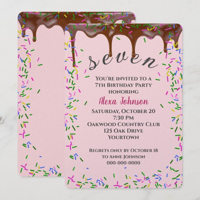 Invitación 7.º Cumpleaños Con Hielo De Chocolate Y Espolvorin (Anverso / Reverso)