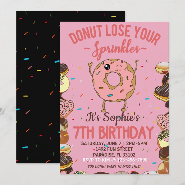 Invitación 7.º Cumpleaños Donut pierde a su Fiesta Chicas Spr (Anverso / Reverso)