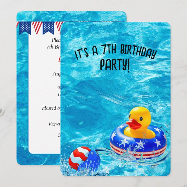 Invitación 7.º Fiesta de la piscina de cumpleaños con pato am (Anverso / Reverso)