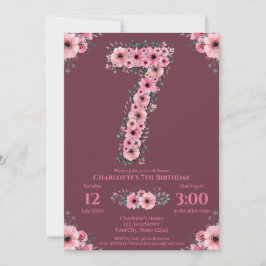 Invitación 7.º Gran Chica de Cumpleaños Flores Rosa Foliage V