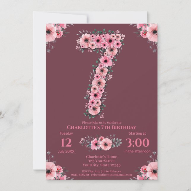 Invitación 7.º Gran Chica de Cumpleaños Flores Rosa Foliage V (Anverso)
