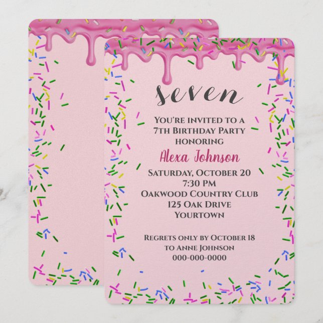 Invitación 7.º Nacimiento De Hielo Rosa Y Espolvorines (Anverso / Reverso)