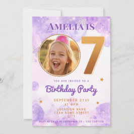 Invitación 7 Purple Gold Star Bubbles Birthday Invitation