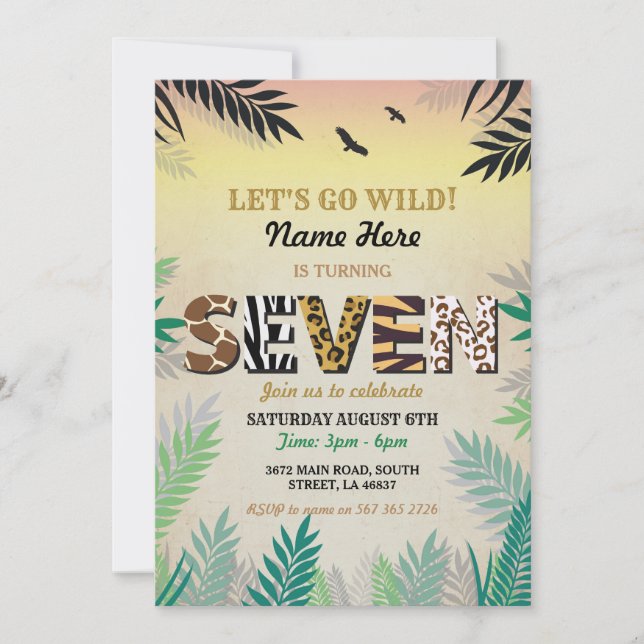 Invitación 7mo El PARQUE ZOOLÓGICO del safari de la fiesta de (Anverso)