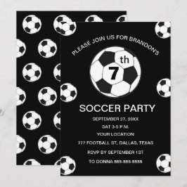 Invitación 7th Birthday Party Soccer Black Boys Sports