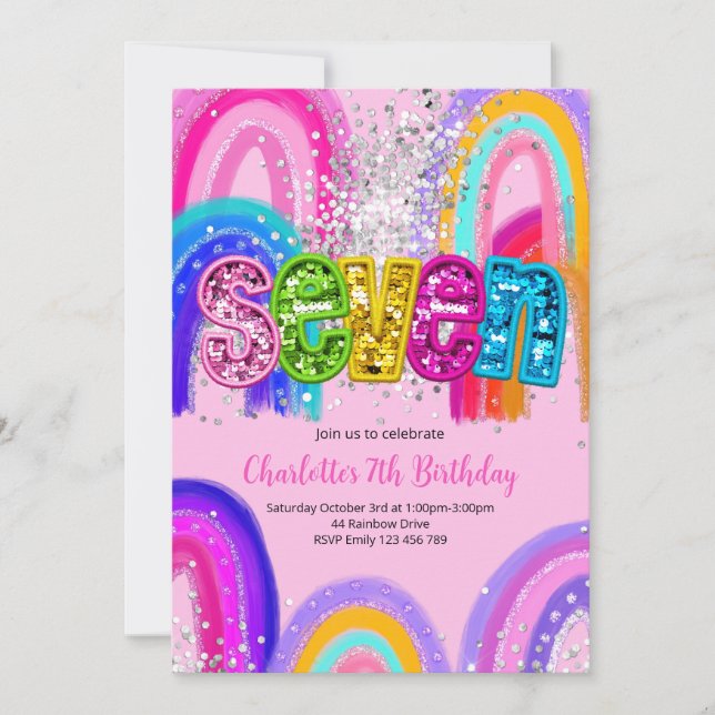 Invitación 7th Birthday Sequin Rainbow Party Invitation (Anverso)