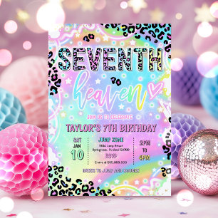 Invitación 7th Heaven Rainbow Leopard Print 7º Cumpleaños 