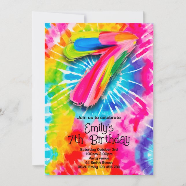 Invitación 7th Tie Dye Birthday (Anverso)