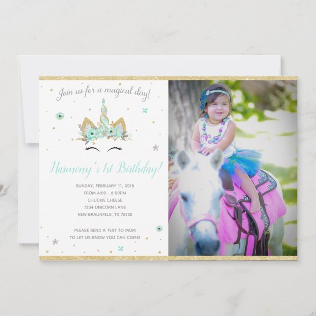 Invitación 7X5 del unicornio de la fantasía (Anverso)