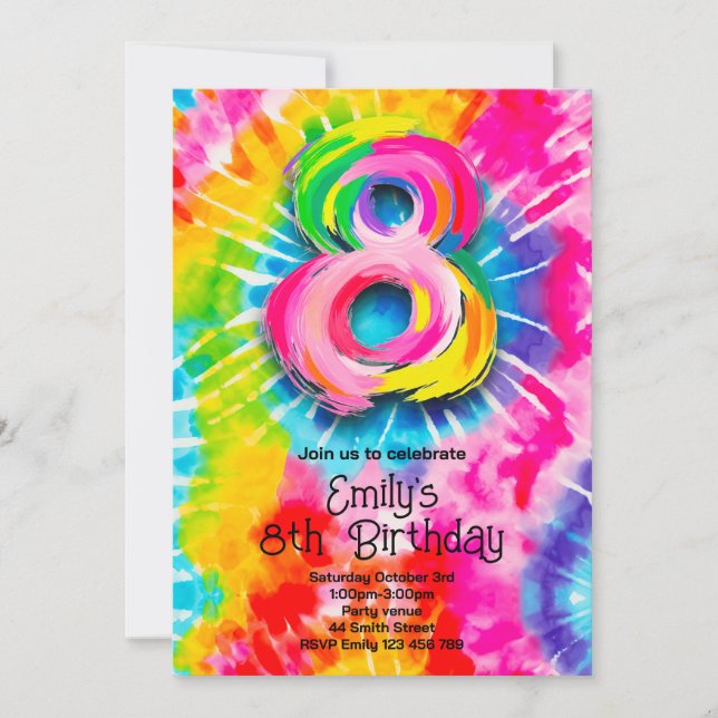Invitación 8º Cumpleaños Tie Dye (Anverso)