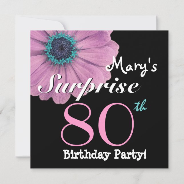 Invitación 80º Bonito sorpresa cumpleaños rosado margarita R4 (Anverso)