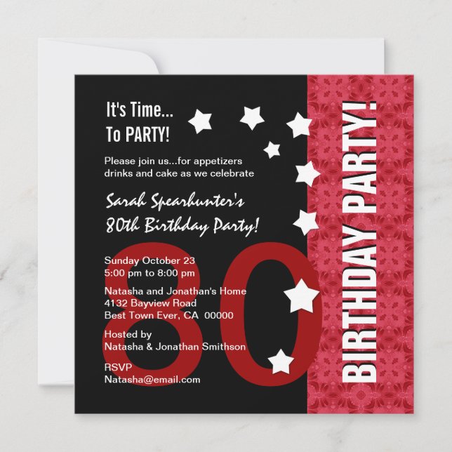 Invitación 80º cumpleaños del moderno rojo y negro Gracioso D (Anverso)