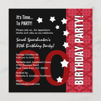 Invitación 80º cumpleaños del moderno rojo y negro Gracioso D