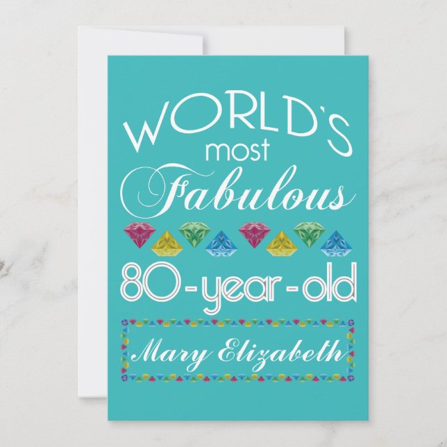 Invitación 80º cumpleaños más fabulosa Gema color turquesa (Anverso)