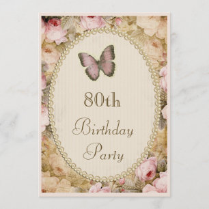 Invitación 80º cumpleaños Rosas cosquillas mariposa, notas mu