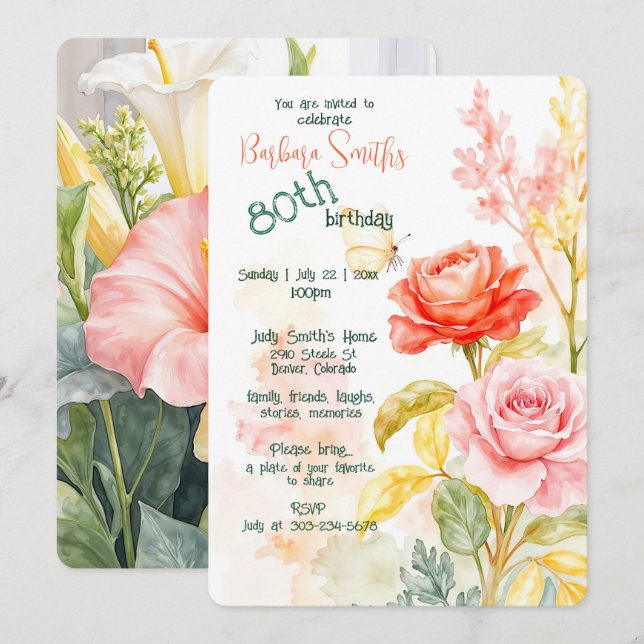 Invitación 80.ª Celebración del Cumpleaños Hermosas Flores de (Anverso / Reverso)