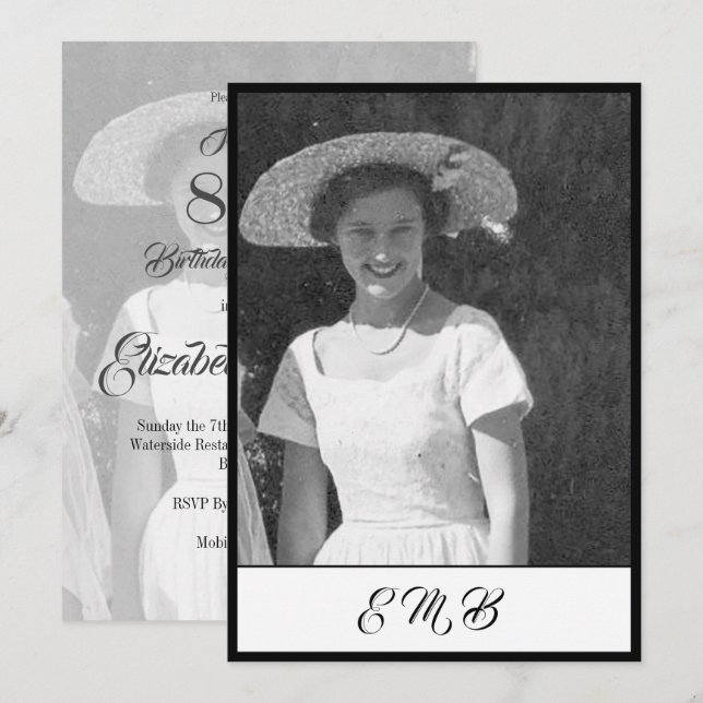 Invitación 80.ª festividad elegante foto Monograma blanco neg (Anverso / Reverso)