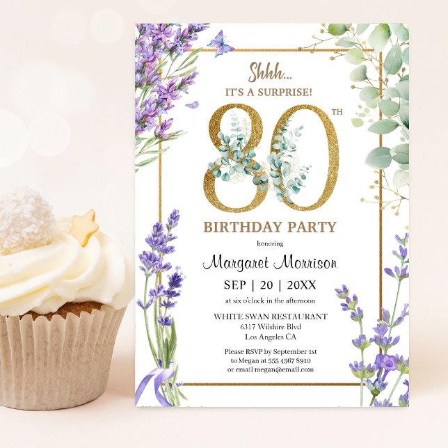 Invitación 80.ª fiesta de cumpleaños Acuarela Lavanda púrpura (Subido por el creador)