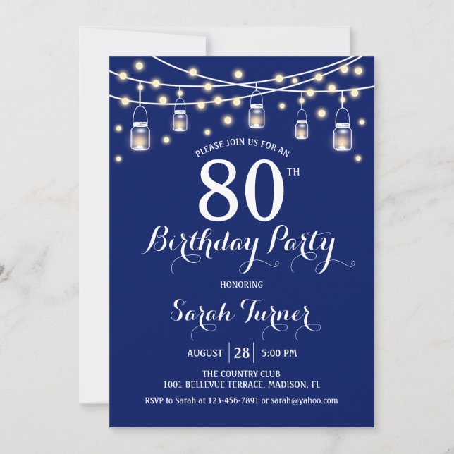 Invitación 80.ª fiesta de cumpleaños - Azul marino (Anverso)