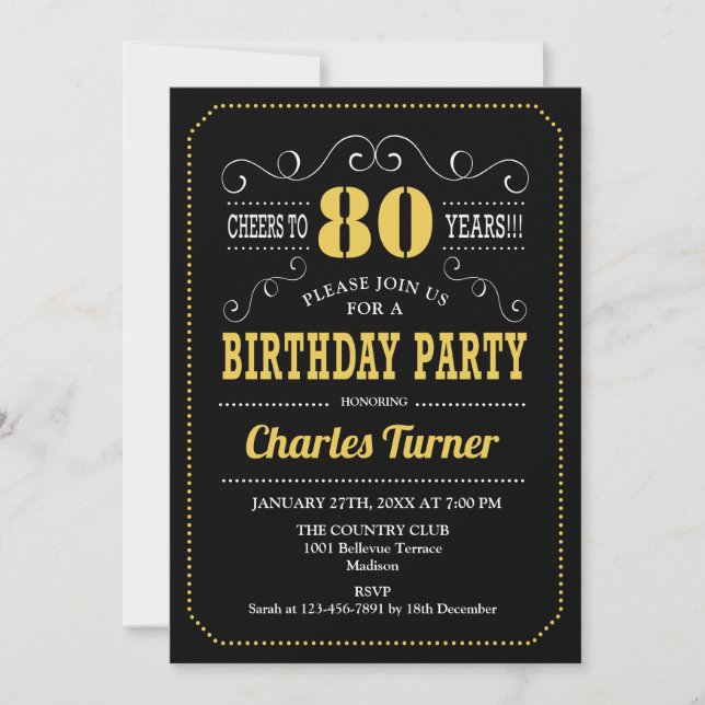 Invitación 80.ª fiesta de cumpleaños - Blanco Oro Negro (Anverso)