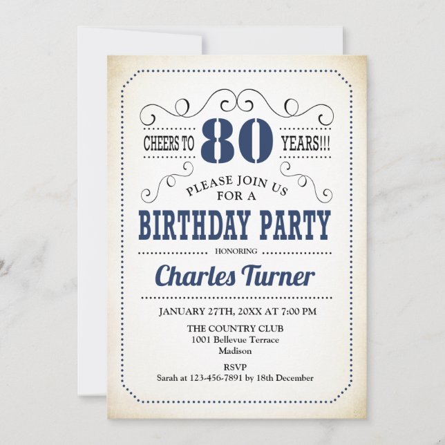 Invitación 80.ª fiesta de cumpleaños - Blanco y marina retro  (Anverso)