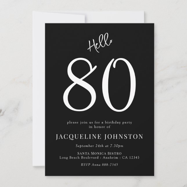 Invitación 80.ª Fiesta de Cumpleaños Blanco y Negro (Anverso)