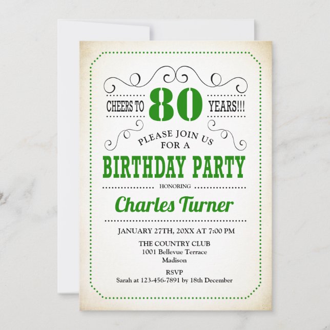 Invitación 80.ª fiesta de cumpleaños - Blanco y verde retro c (Anverso)