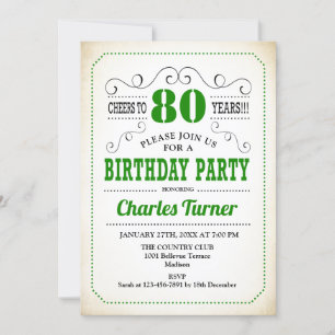 Invitación 80.ª fiesta de cumpleaños - Blanco y verde retro c