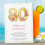 Invitación 80.ª fiesta de cumpleaños Bonito de oro floral núm<br><div class="desc">Invitación a la fiesta de cumpleaños número 80 con oro decorado con flores de bonito. Diseño femenino y elegante con acuarelas florales en tonos rosa naranja amarillo y violeta. Perfecto para la celebración de los 80 años,  almuerzo de cumpleaños primavera o verano,  fiesta de té de jardín,  etc.</div>