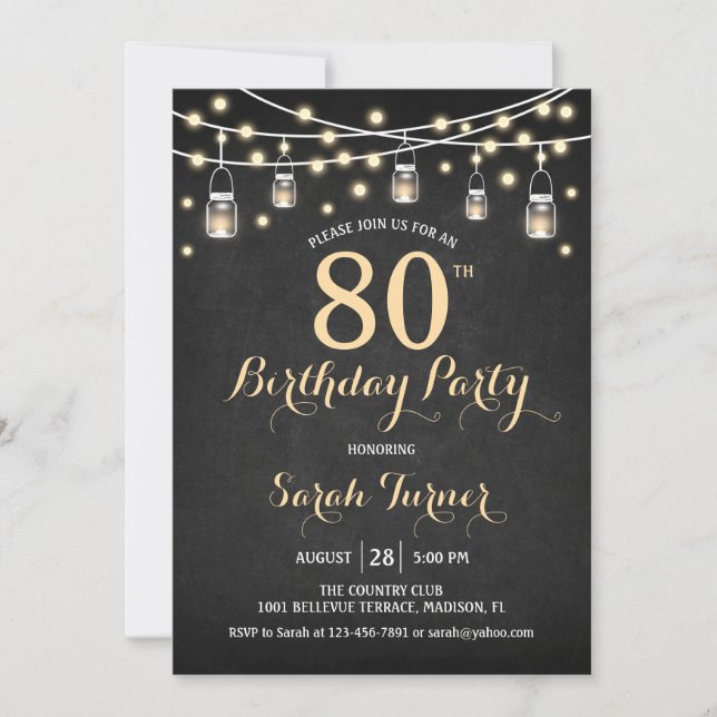 Invitación 80.ª fiesta de cumpleaños - Chalkboard Gold (Anverso)