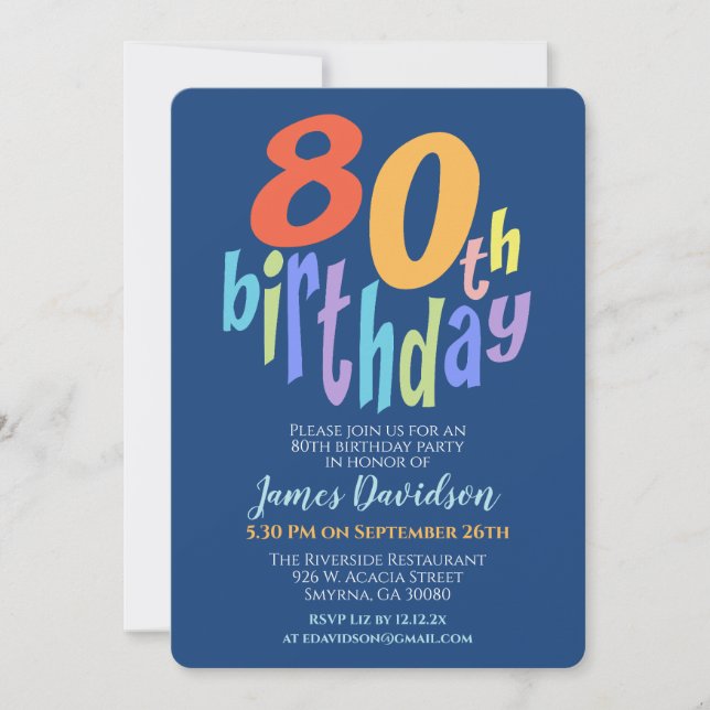 Invitación 80.ª fiesta de cumpleaños colorida moderna (Anverso)