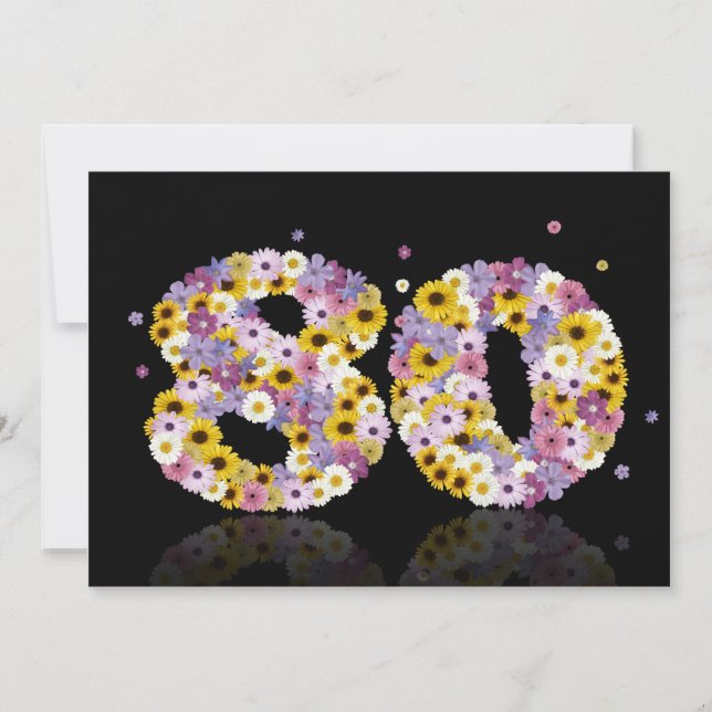 Invitación 80.ª fiesta de cumpleaños, con letras con flores (Anverso)