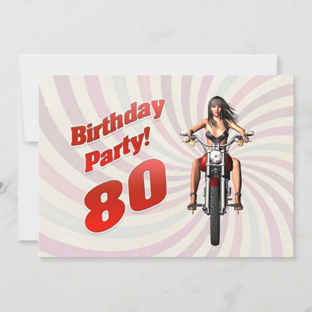 Invitación 80.ª fiesta de cumpleaños con un chica en moto (Anverso)