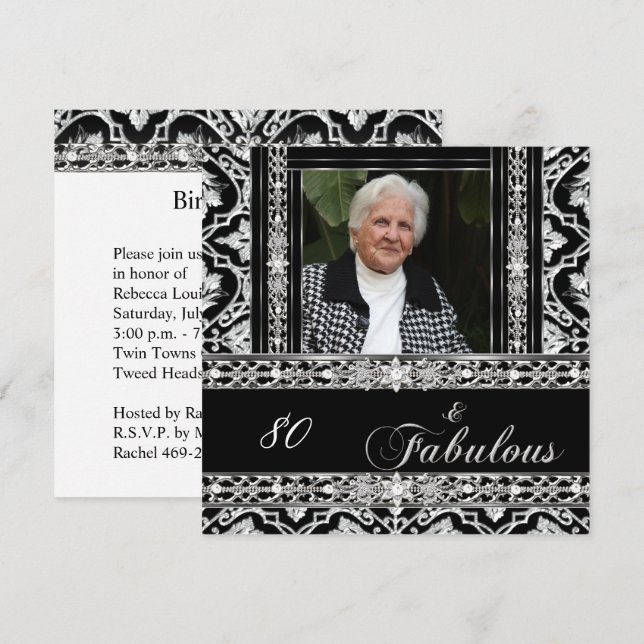Invitación 80.ª fiesta de cumpleaños Diamante blanco negro de (Anverso / Reverso)