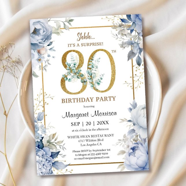 Invitación 80.ª Fiesta de Cumpleaños Elegante Floral Azul Dus (Subido por el creador)