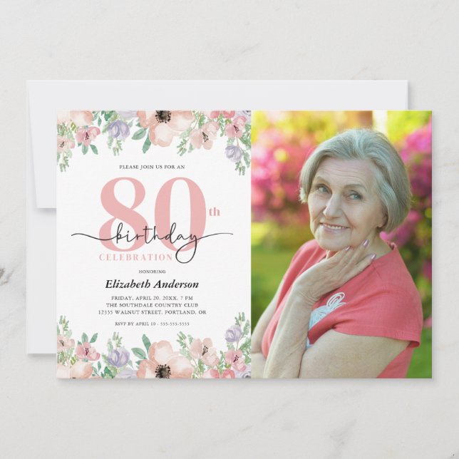 Invitación 80.ª Fiesta de Cumpleaños Elegante Foto Floral Pas (Anverso)