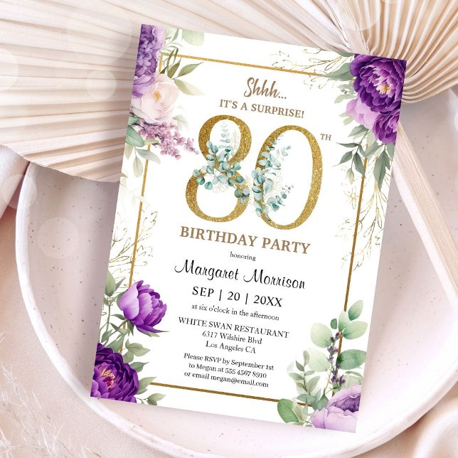 Invitación 80.ª Fiesta de Cumpleaños Elegante Oro Púrpura Peo (Subido por el creador)