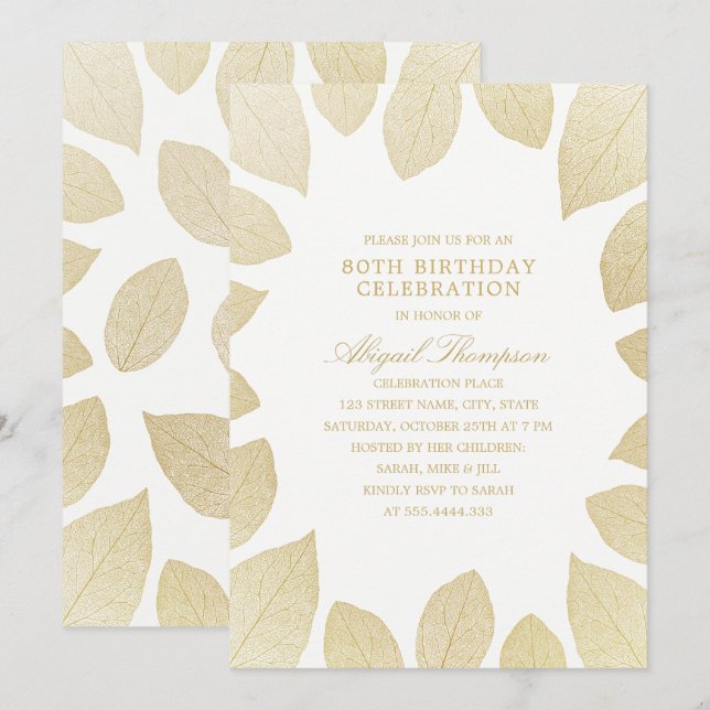 Invitación 80.ª Fiesta de Cumpleaños Elegantes hojas de oro (Anverso / Reverso)