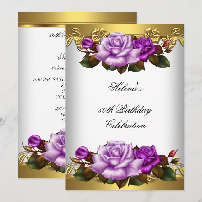 Invitación 80.ª Fiesta de Cumpleaños Elegantes Rosas de Oro M (Anverso / Reverso)