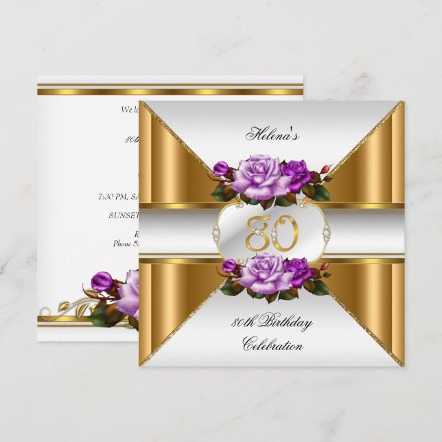 Invitación 80.ª Fiesta de Cumpleaños Elegantes Rosas de Oro P (Anverso / Reverso)