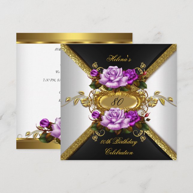 Invitación 80.ª Fiesta de Cumpleaños Elegantes Rosas Purple G (Anverso / Reverso)