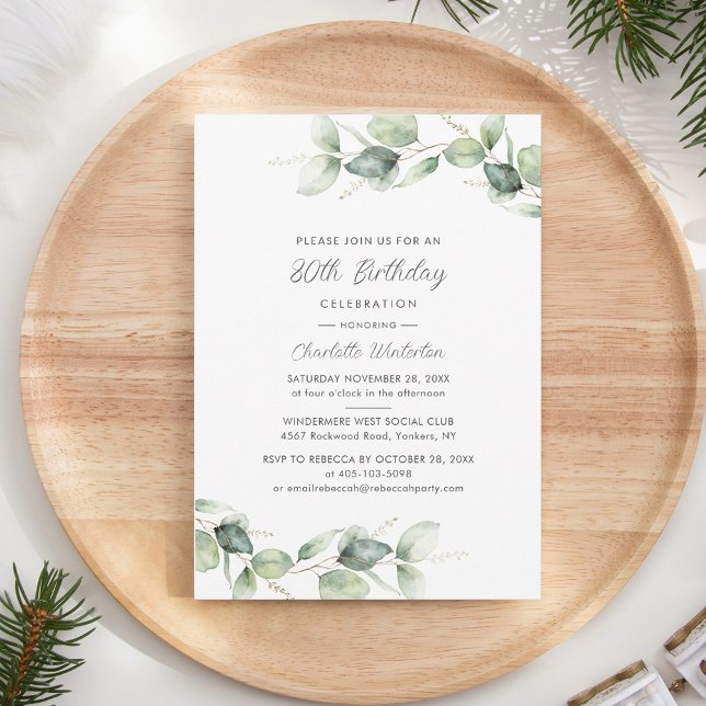 Invitación 80.ª Fiesta de Cumpleaños Eucalyptus Botánico (80th Birthday Eucalyptus Botanical Script Party Invitation)
