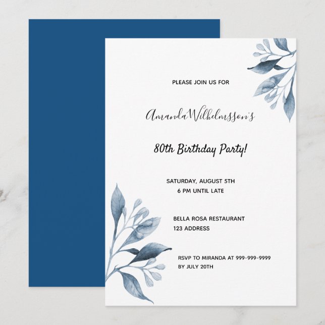 Invitación 80.ª fiesta de cumpleaños flor azul marino botánic (Anverso / Reverso)