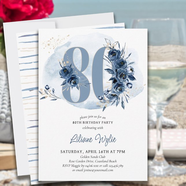 Invitación 80.ª Fiesta de Cumpleaños Floral Azul Costero Núme (Subido por el creador)